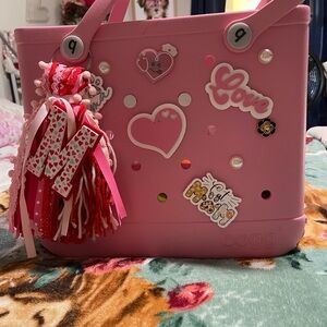 Pink Tote Bag with Heart and Love Accents. BOGG bag. Medium